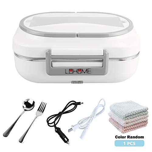 LOHOME Electric Heating Lunch Box Car Home Office Use Food Warmer Portable Bento Meal Heater with Stainless Steel Container 110V and 12V Dual Use (Grey)