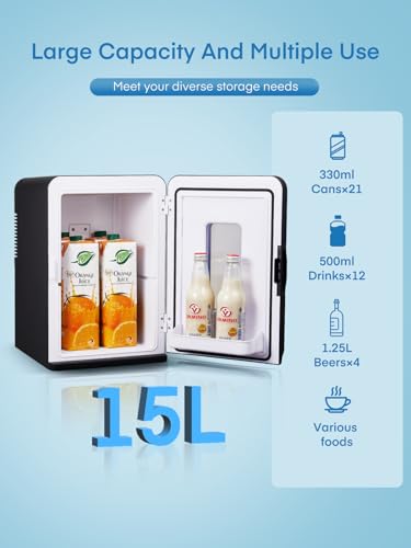 NORTHCLAN Mini Fridge 15 L / 21 Cans for Bedroom | 2 in 1 Small Fridge for Car, 12 V/220 V Portable Drinks Fridge with Cooling and Heating Function, ≤38 dB Eco Mode Quiet