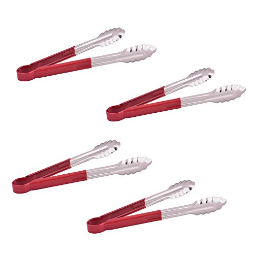 Kosma Set Of 4 Stainless Steel Utility Tongs Red Vinyl-coated Handle | BBQ Tongs | Serving Tongs Color Coded - 12 Inch