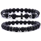 Dolovely 8mm Stone Beads Cross Charm Bracelet CZ Black Matte Onyx Bracelet Set for Men Women