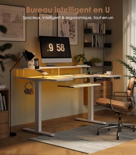 OffiGo U Shape Sitting Desk Electric Desk with Monitor Stand, USB Sockets and Port, Standing Desk with LED, Height Adjustable Gaming Table, White