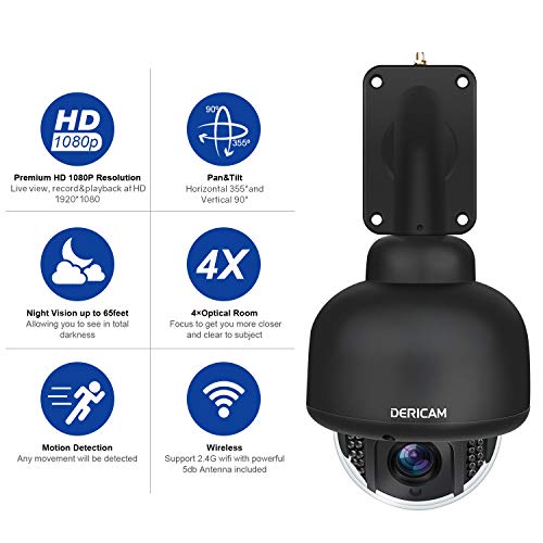 Dericam Outdoor Wireless Security Camera,Outdoor PTZ Camera,Crystal Full HD 1080P,4 X 0ptical Zoom,Auto Focus,Pre-Installed 32GB Memory Card, Black