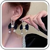 Allereyae Vintage Black Ribbon Bow Dangle Earrings Crystal Bow Tie Drop Earrings Rhinestone Pearl Earrings Black Cz Bowkont Stud Earrings Jewelry for Women