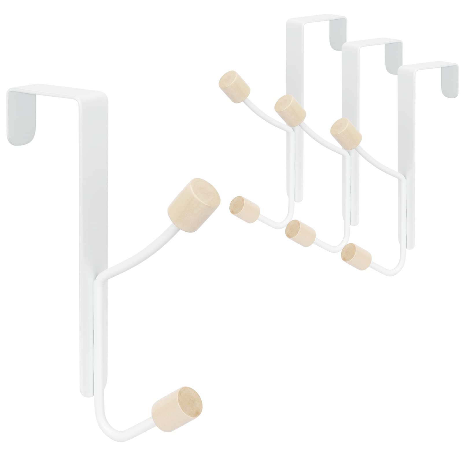 WWW Over Door Hooks,4 Pack Door Hangers Hooks with Wooden Kit Prevent Scratches Heavy Duty Organizer Hooks for Living Room,Bathroom,Bedroom,Kitchen Hanging Clothes,Towels,Hats,Bags,White