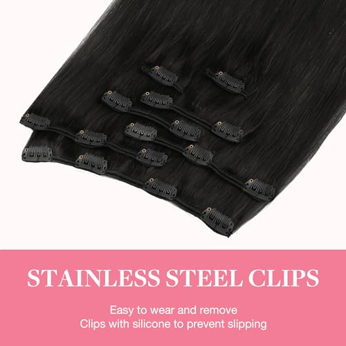 GOO GOO Clip in Hair Extensions, 50 cm 120 g 7 Pieces, 1B Natural Black, Clip in Human Hair, Remy Human Natural Clip in Hair Extensions