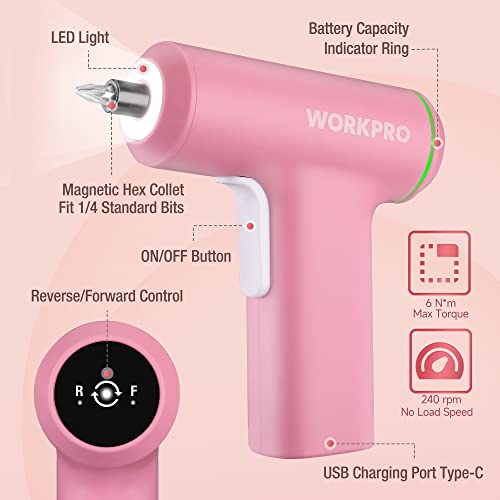 WORKPRO Pink Electric Cordless Screwdriver Set, 3.6V USB Rechargeable Lithium-ion Battery Power Screwdriver Kit with LED Light, 6Nm Torque Screw Gun with 28pcs Accessories for Home, Office Repair