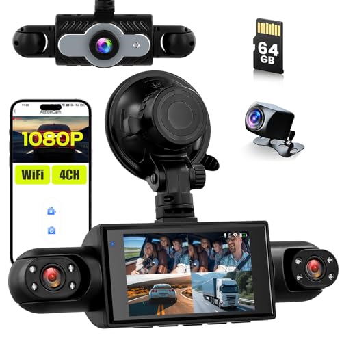 Inefala 360°Car Dashcam 4 Channels, Dash CAM 1080P Front and Rear Left Right with 64GB SD Card, G-Sensor Car Camera Loop Recording Night Vision