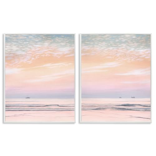 Stupell Industries Peachy Coastal Sunrise 2pc White Framed Giclee Wall Art Set…