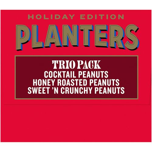 PLANTERS PEANUTS HOLIDAY TRIO PACK – SNACKS VARIETY PACK FOR ADULTS WITH SWEET N CRUNCHY, HONEY ROASTED, AND COCKTAIL PEANUTS (3 COUNT CANISTERS)