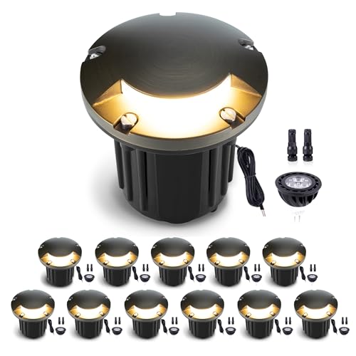 Gardenreet Landscape Low Voltage Well Light - Brass LED Electric 12V in-Grade Lighting, Replaceable Bulb Wired Fixture, Antique Bronze for Patio Yard Pathway with 5000K Daylight White MR16 Bulb