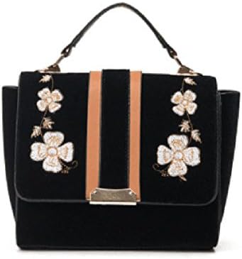 Small Ants Womens Ethnic Velvet Handbag Embroided Flower Bag Shoulder Bag (Black)