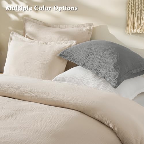 David's Home Cotton Muslin Comforter Set Queen Size, 100% Cotton Cover Ultra-Soft Breathable Lightweight Skin-Friendly for Spring Summer, 3PCS Linen Like Gauze Bedding with Polyester Filling, Natural