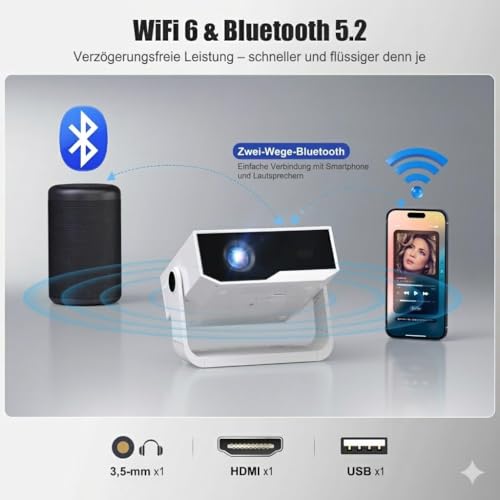 ZDK 2026 Upgrade Mini Projector Integrated Apps, Android 14, Supports 4K 1080P, Trapezoidal Correction, WiFi & BT Projector 4K Home Cinema, Portable Projector with 270° Rotating Stand, Compatible