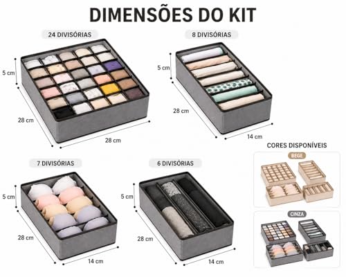 Kit Organizador de Gaveta 4 Peças, TNT Dobrável, com 24, 8, 7 e 6 Divisórias para Roupas Íntimas, Meias e Sutiã (Bege)