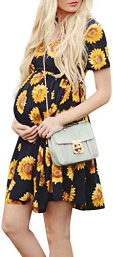 Warmoo Maternity Sunflower Print A-Line Dress，V-Neck Short Sleeve for Fashion Pregnancy