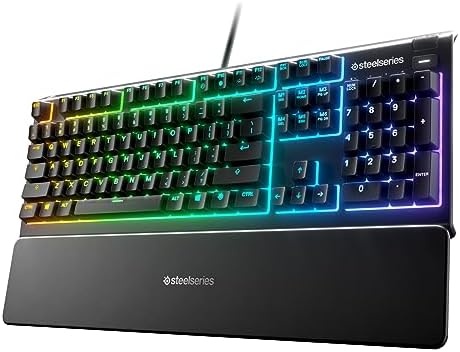 SteelSeries Apex 3 RGB Gaming Keyboard – 10-Zone RGB Illumination – IP32 Water Resistant – Premium Magnetic Wrist Rest (Whisper Quiet Gaming Switch)