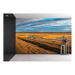 Vast Landscape with Yellow Grass and Horses in Autumn - Removable Wall Mural | Self-Adhesive Large Wallpaper - 66x96 inches