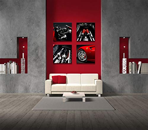 Wall Decorations for Living Room Decor for Men Black and White Wall Art Red Car Decor Ferrari Engine Feature Boy Room Decor Car Posters Home Decorations 4 Piece Framed Canvas Wall Art
