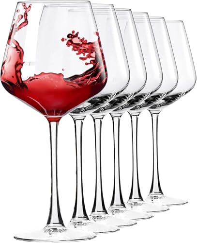 Hand Blown Red Wine Glasses Set of 6 – 23 oz Burgundy Wine Glasses With Long Stem – Large Premium Crystal Wine Glass – Unique Gift for Wedding, Anniversary, Mother’s Day – Clear