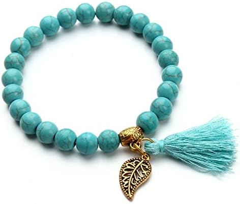 2017 Bohemia Natural Stone Bead Turquoise Bracelet Gold Plated Leaf Tassel Charm Bracelets Bangle For Women Pulseras Mujer F2833