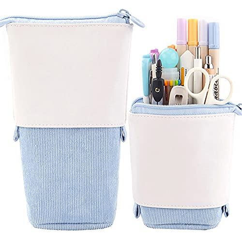 Friinder Telescopic Pencil Bag Pen Holder Stationery Case, PU Corduroy Stand-up Retractable Transformer Bag Colorful Organizer, Great for Christmas Holiday (Blue)