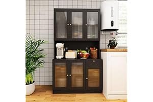 LEVNARY 69'' Kitchen Pantry Storage Cabinet, Freestanding Pantry Cabinet with Cupboard and Microwave Stand, Black Buffet Cabinet with 6-Doors and Drawer, Modern Cupboard Hutch for Home Kitchen (Black)