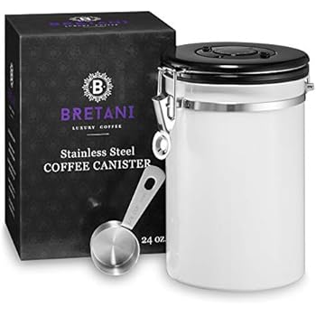 Bretani 24 oz. Stainless Steel Coffee Canister & Scoop Set - Large Airtight Kitchen Storage Container for Storing Beans & Grounds - White