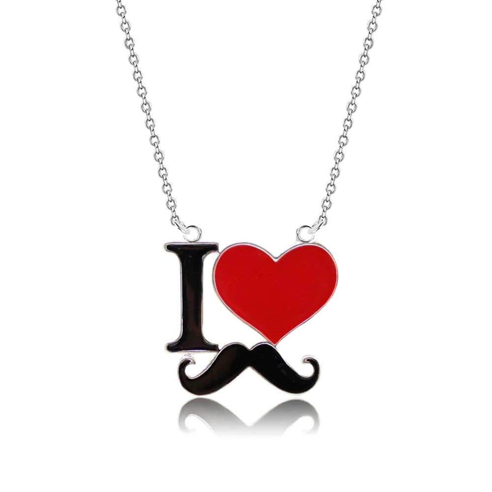 TTPAIAI 30 I Love Mustache Pendant Necklace for Women - Fashion Silver Plated Charm Link Chain Enamel Heart Necklace- Beautiful Enamel Color Hearts Jewelry