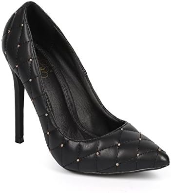 Miss L DA70 Women Quilted Leatherette Pointy Toe Studded Stiletto Pump - Black (Size: 8.5)