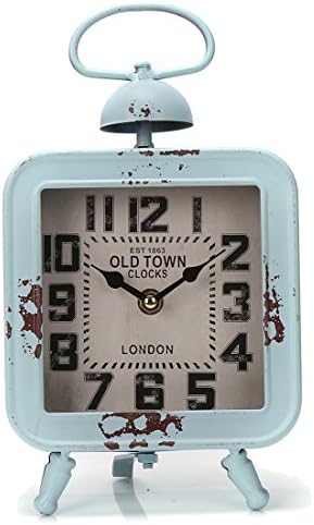 10.8"x6.2" Handcrafted Metal Square Analog Quartz Desk Clock for Hanging or Tabletop Display,Glass on Front (Light Blue)