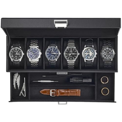 ProCase Watch Case, 6 Slot Mens Watch Box Holder Organizer with Glass Lid, 2-Layer Watches Display Case, Mens Jewelry Box with Drawer, Birthday Christmas Gifts for Men Women -6 Slot, Black