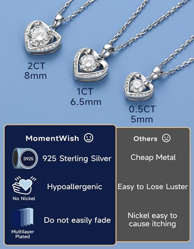 MomentWish Women's Heart Necklace, 0.5/1/2 Carat Moissanite Diamond Pendant Rose Gold 925 Sterling Silver Hypoallergenic Jewelry Gift for Wife Mom Girlfriend