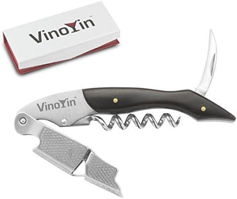 All In One Waiter's Corkscrew Gift Set - Stainless Steel with Ebony Wood Handle - Includes Wine & Beer Bottle Opener and Foil Cutter, with Gift Box by VinoYin