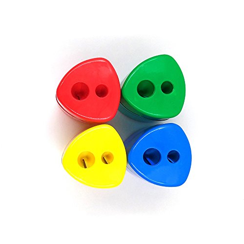 Yexpress Pack of 12 Assorted Colors Plastic Manual Pencil Sharpener Set Double Holes Triangular Shape With Cover and Receptacle for School and Work