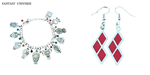 J&C Family Owned Comic Book Theme Suicide Squad Faces Bracelet and Harley Quinn Suicide Squad Diamond Logo Dangle Earrings 2-Pack Bracelet and Earring Gift Sets /Gift Wrapped