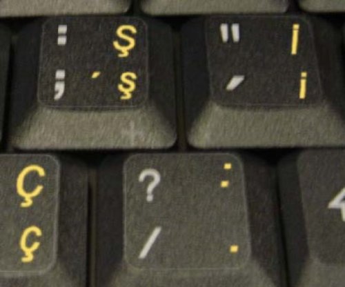 TURKISH Q KEYBOARD STICKERS WITH YELLOW LETTERING ON TRANSPARENT BACKGROUND