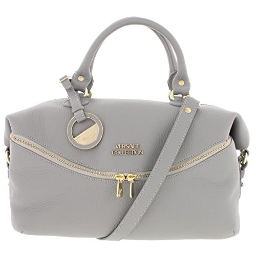 Versace Collection Womens Leather Pebbled Satchel Handbag Gray Medium