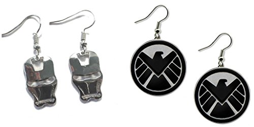 Silver Ironman Mask and Agents of Shield Logo Dangle Earrings w/Gift Box