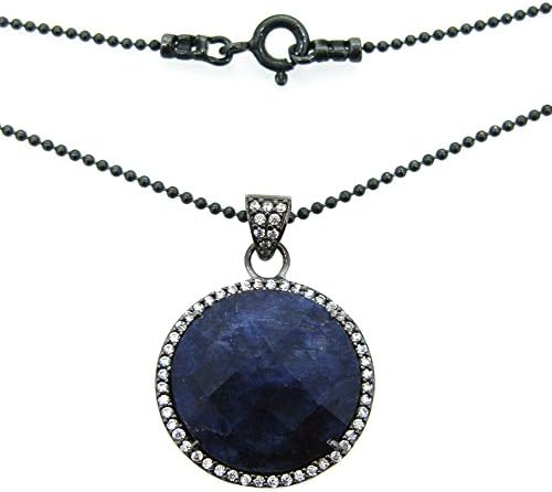 Oxidized Sterling Silver Bezel Gemstone Necklace (black-rhodium-plated-silver, blue-sapphire)