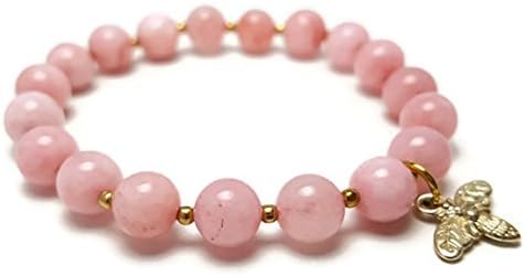 APECTO 7 mm, 8 mm Natural Multicolor Stone Beads Charm Elastic Bracelet, Gold Tone Bee