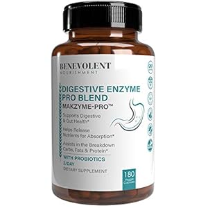 High Fiber Digestive Enzymes Supplement - 180 Capsules, Proprietary 2500HUT Makzyme-Pro Blend Probiotics Plus Papaya, Bromelain, Multi Natural Extracts for Healthy Digestion & Bloating Reduction