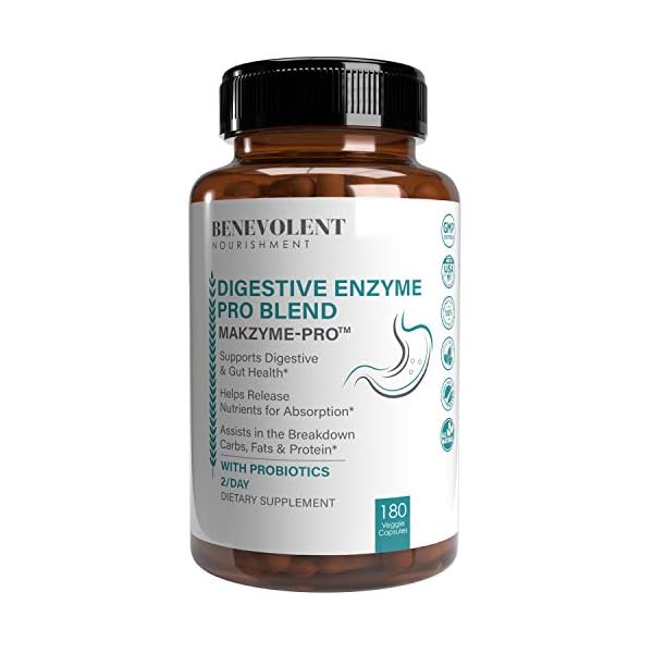 High Fiber Digestive Enzymes Supplement - 180 Capsules, Proprietary 2500HUT Makzyme-Pro Blend Probiotics Plus Papaya, Bromelain, Multi Natural Extracts for Healthy Digestion & Bloating Reduction