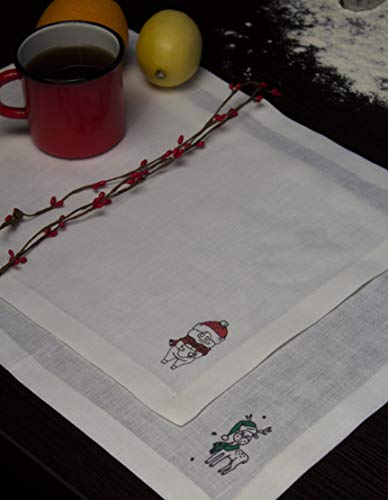 image for 3HLinen Off-white Holiday Linen Placemat Set with Chinese Zodiac Pig P