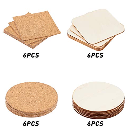 AHANDMAKER 24 Stück Selbstklebende Korkuntersetzer, 4 Arten Von Runden und Quadratischen Holzscheiben und Korkmatten für… – Bild 6