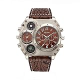 Oulm Compass Outdoor Sports Watches Analog Dark Brown Leather Strap Four Sub-dials Men Watch