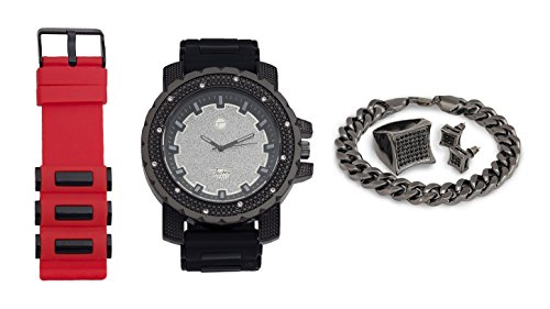 Techno Pave Iced Out Watch + Interchangeable Band + Cuban Bracelet + Iced Out Earrings & Ring [Gift Set]