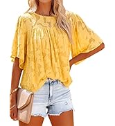 ZXZY Babydoll Tops for Women Dressy Jacquard Chiffon Bell Sleeve Hawaiian Shirt Blouses