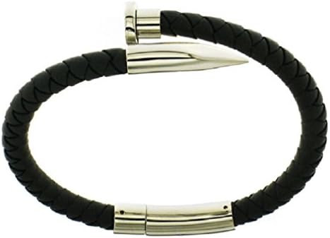 Vice Bracelet Silver Nail Design Black Interlaced Rubber Strand X-Large 8.5 inch
