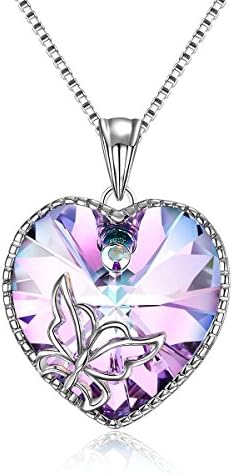 Mothers Day Gifts, Milota "Free Butterfly" Crystal Heart Pendant Chain Necklace Purple Charm Jewelry