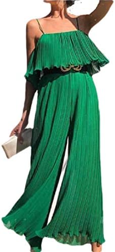 desolateness Women's Summer Sleeveless Ruffle Trim Spaghetti Strap Pleated Cami Chiffon Jumpsuit